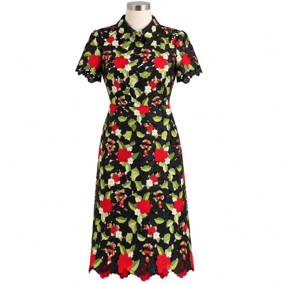 Mikael Aghal Black Lace Crochet Floral Overlay Collared A-Line Dress Size 2